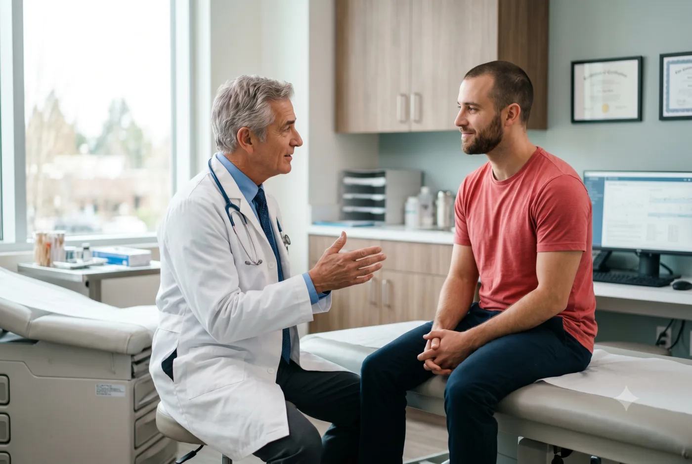 Médico e paciente em consulta, conversando com confiança