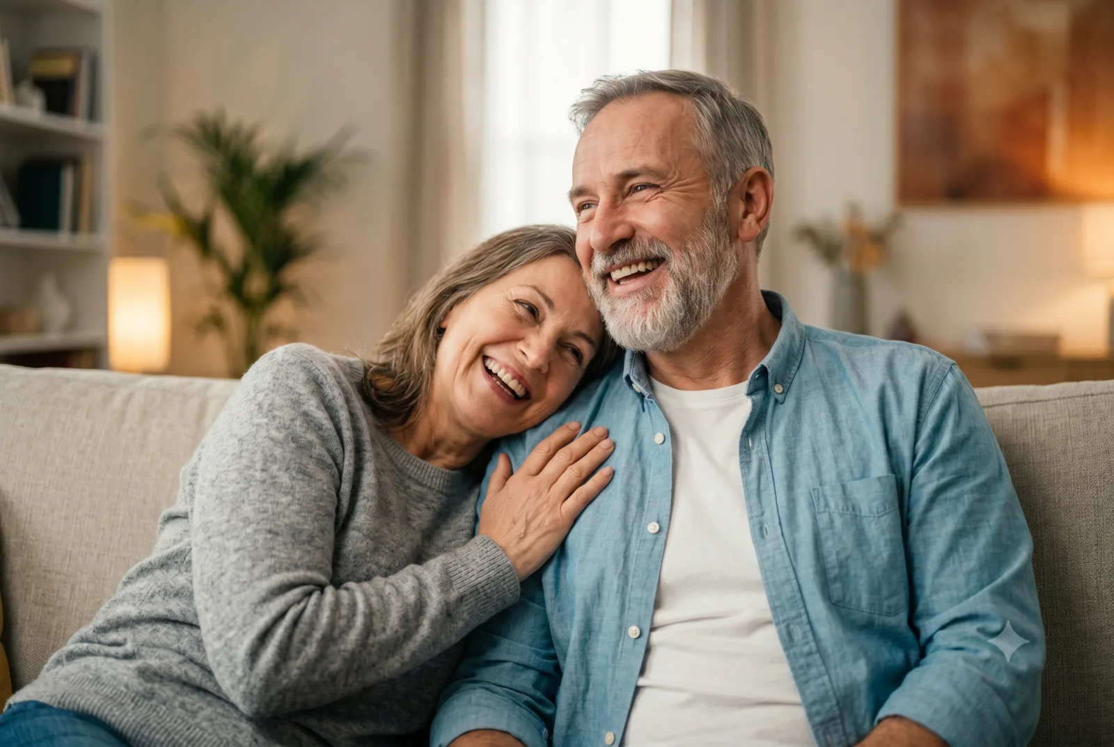 Casal sênior sorrindo, em casa, com bem-estar